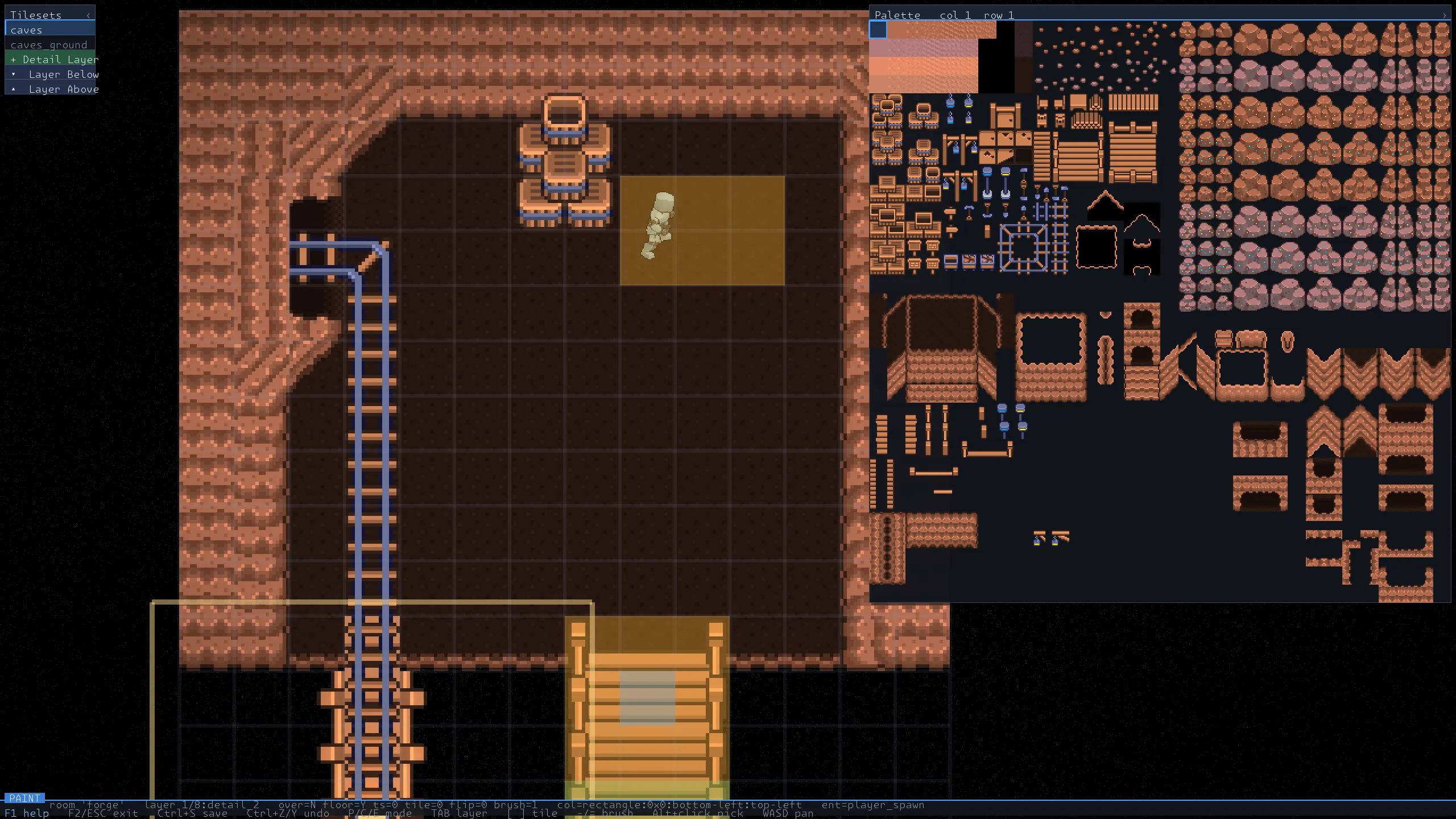 Legends built-in level editor with a room laid out on a tile grid