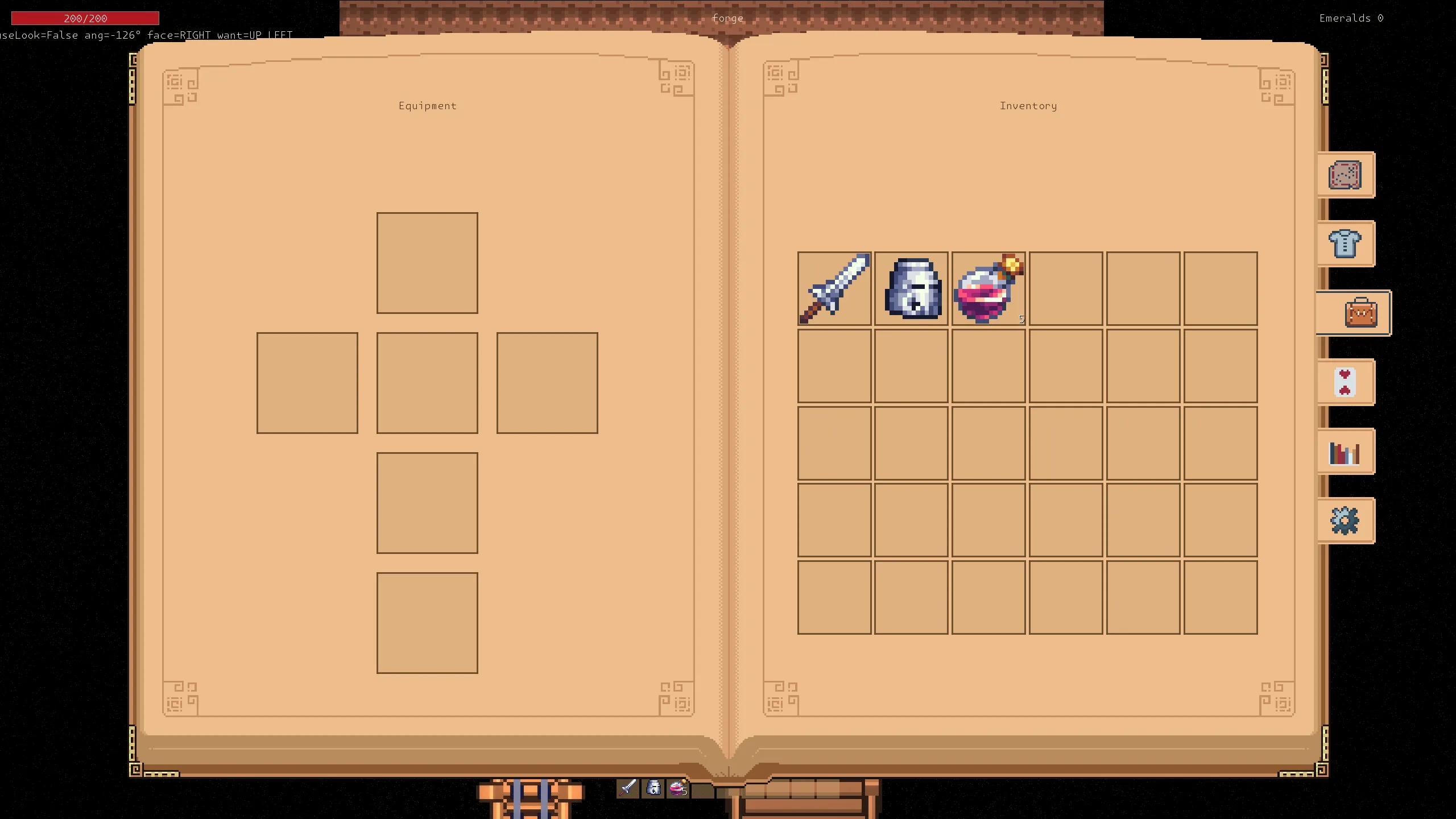 Legends inventory screen showing equipped items and modifiers