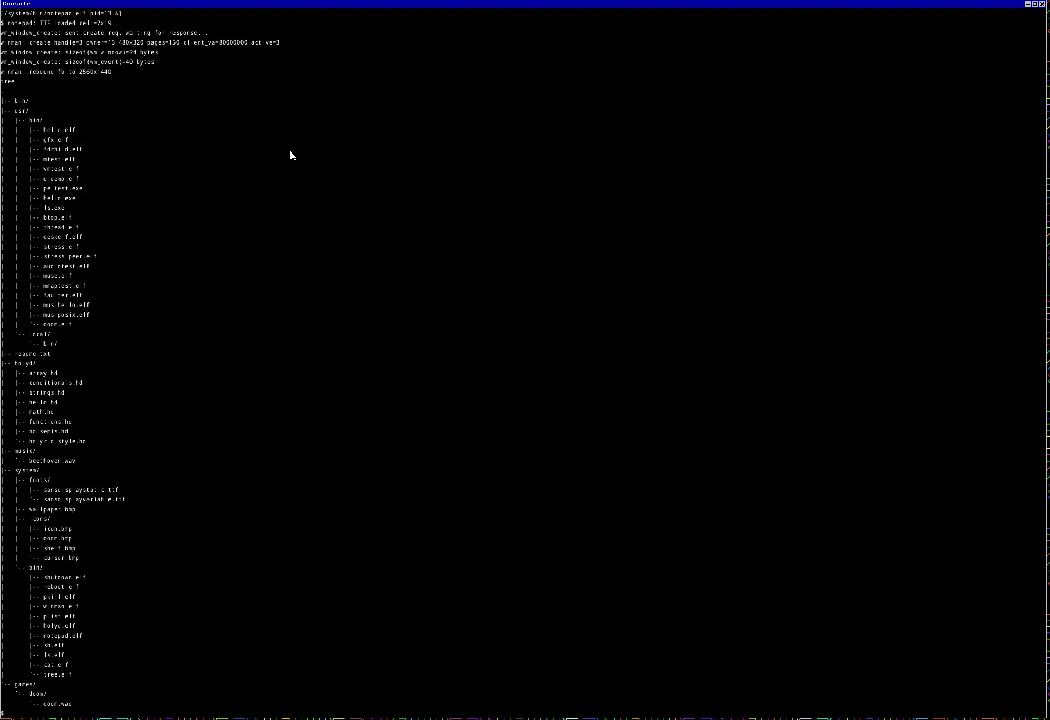 Toy OS shell listing files from the FAT32 root filesystem