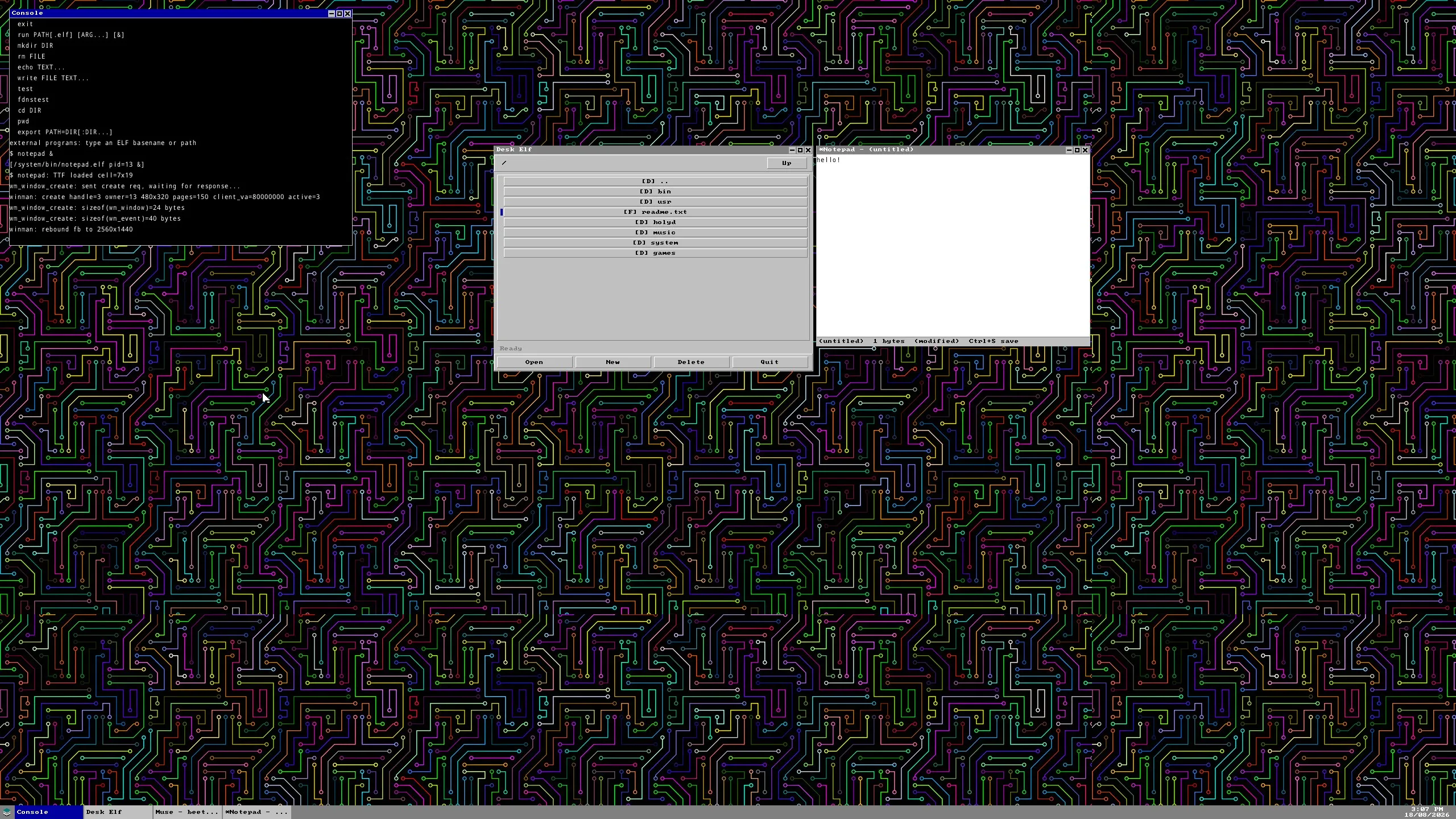 Toy OS framebuffer window manager drawing overlapping windows